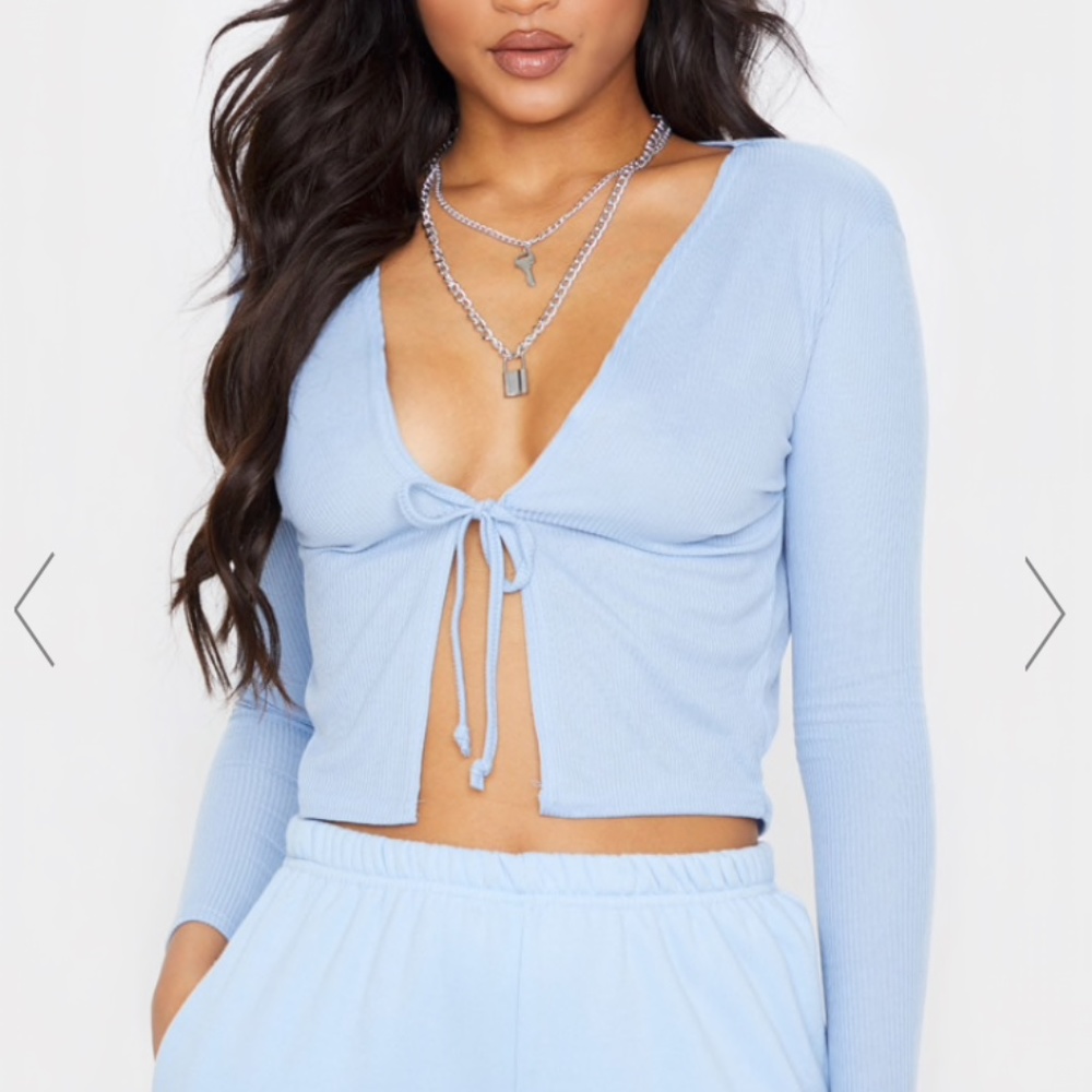 Baby Blue Rib Tie Front Long Sleeve Crop Top